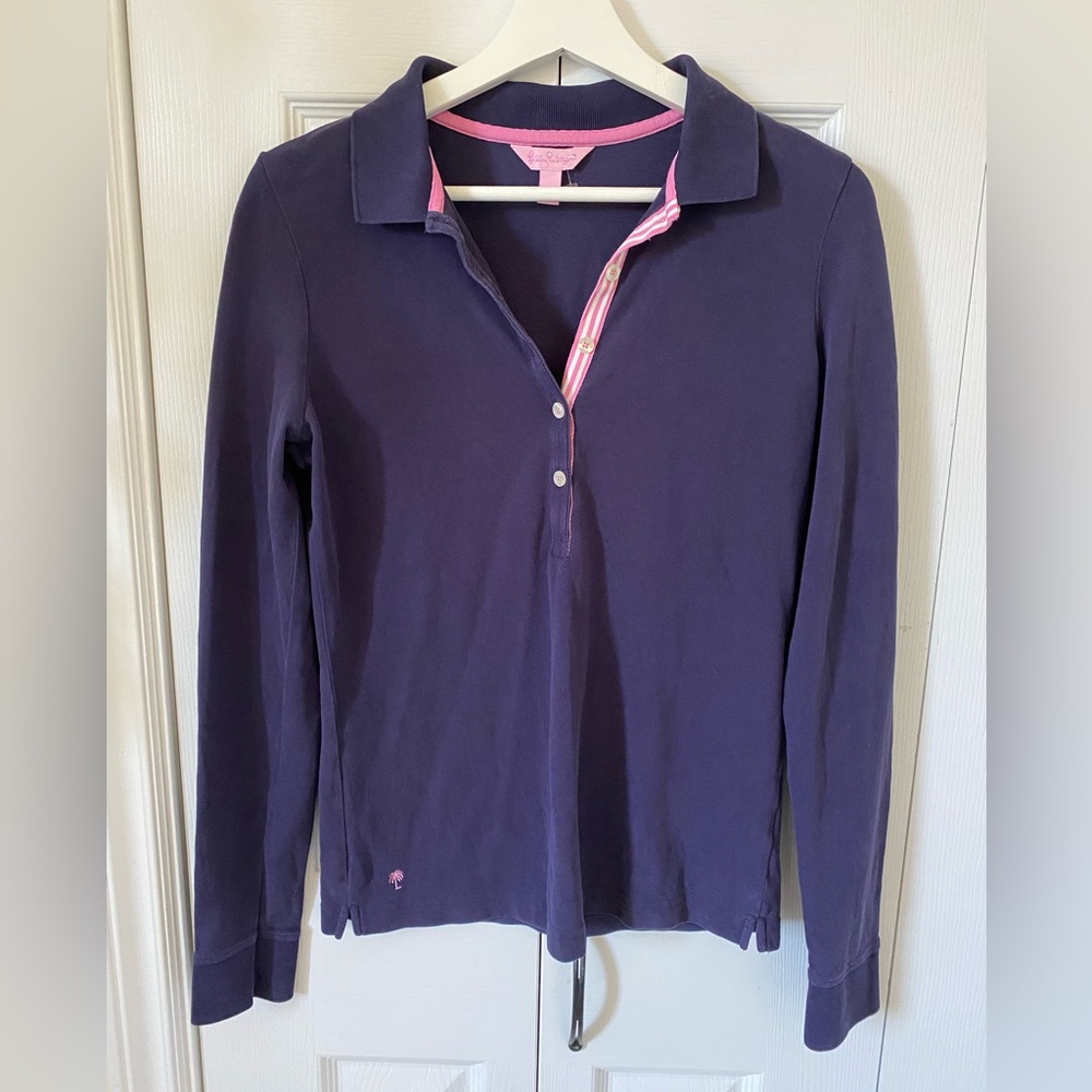 Lilly Pulitzer Sweetie Polo Long Sleeve Navy with grosgrain ribbon size Medium